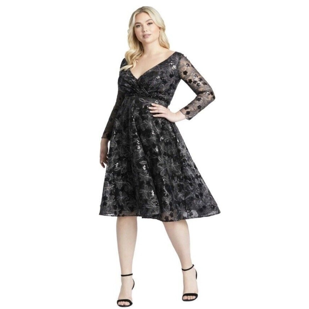 NWT Mac Duggal  67541Black LONG SLEEVE ILLUSION SEQUIN EMBROIDERED MIDI Sz 28W